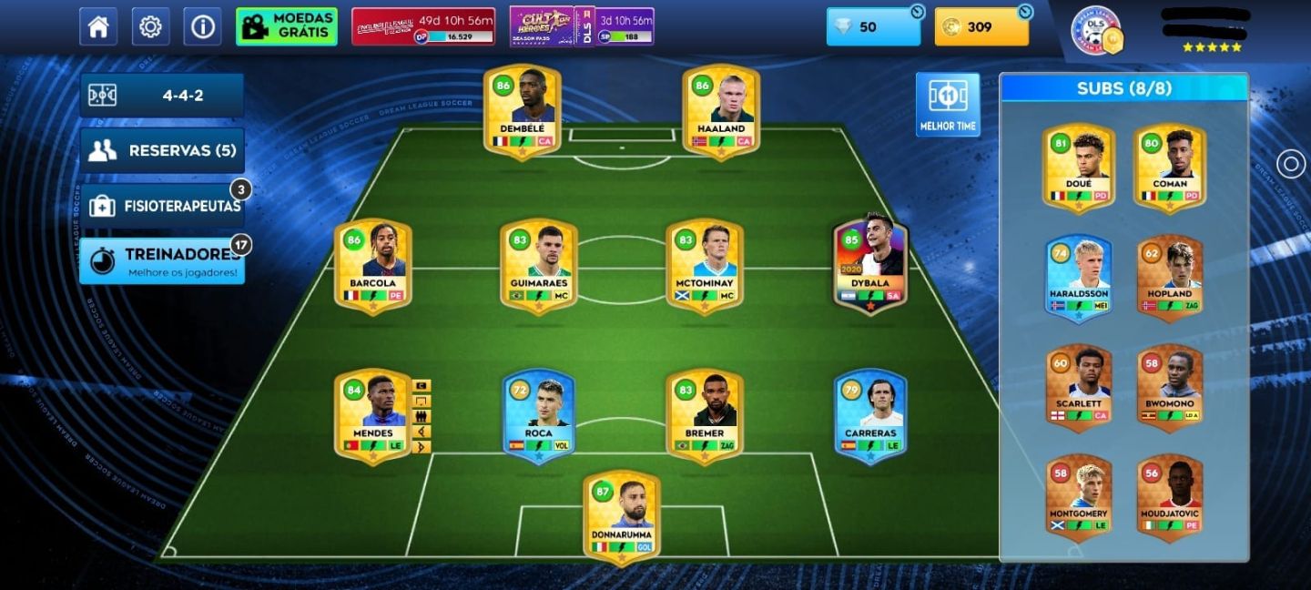 Dream League Soccer (DLS) - Conta com Dybala 2020 e Barcola semi-full.