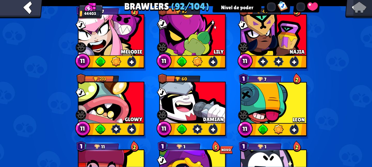 Brawl stars. 44k de troféus 92/104 brawlers 34 nível máximo. Pra sair logo