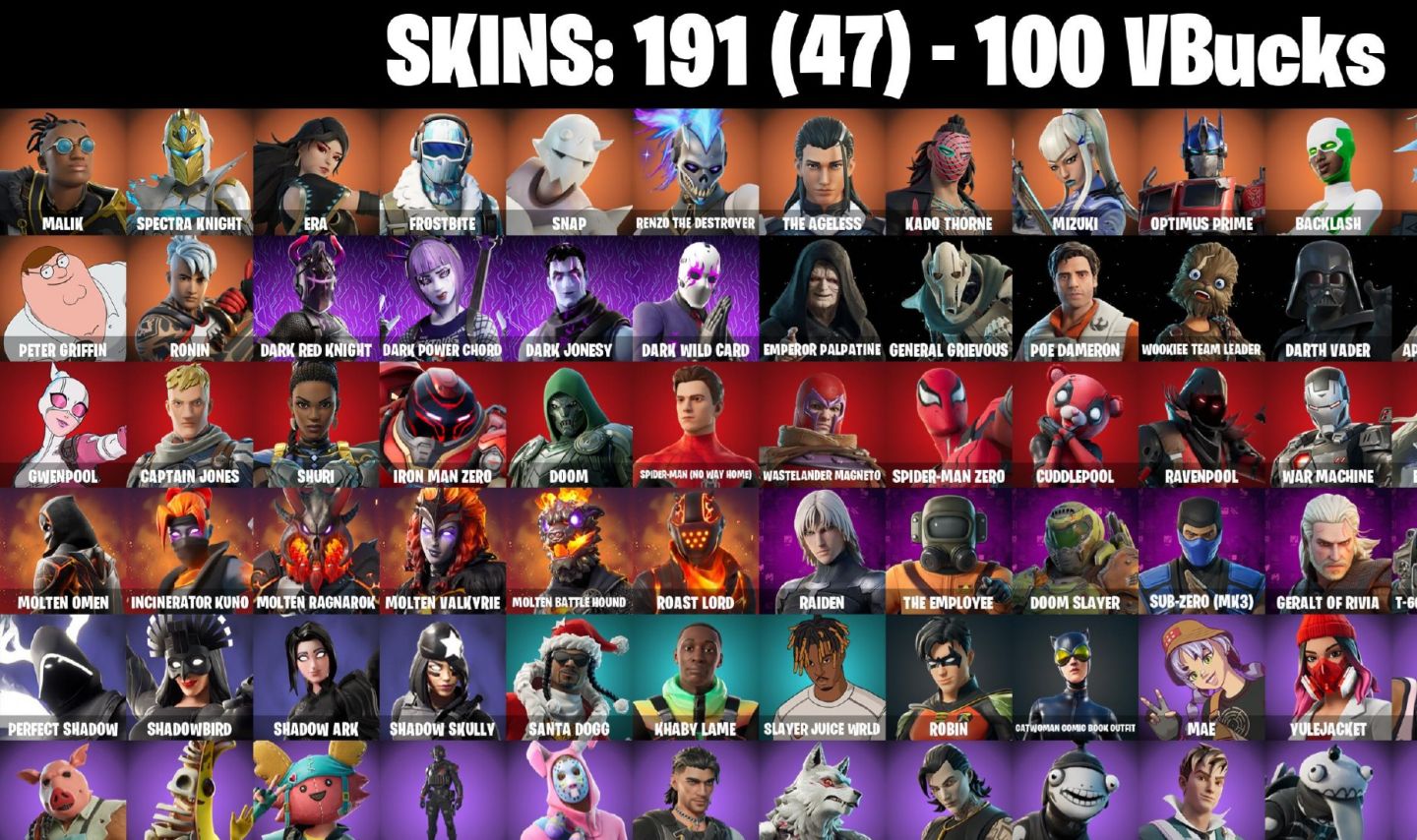 191 Skins - Emma frost, Peter Griffin, Robin, Nisha, Foice, Midnight Scythe