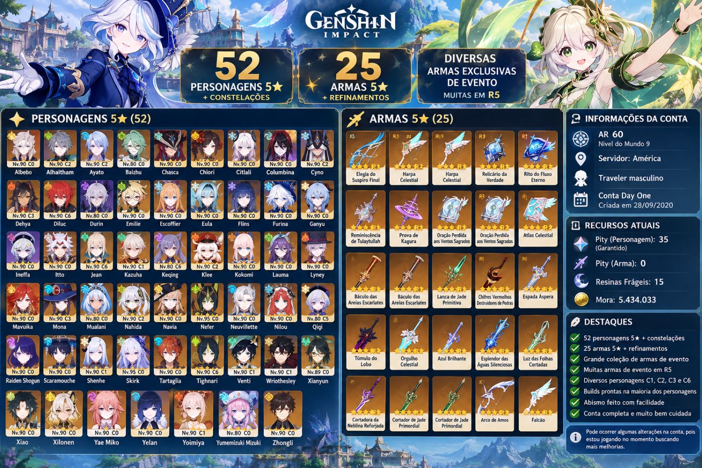 GENSHIN IMPACT AR 60 | AMÉRICA | 52 PERSONAGENS 5 ESTRELAS + CONSTELAÇÕES