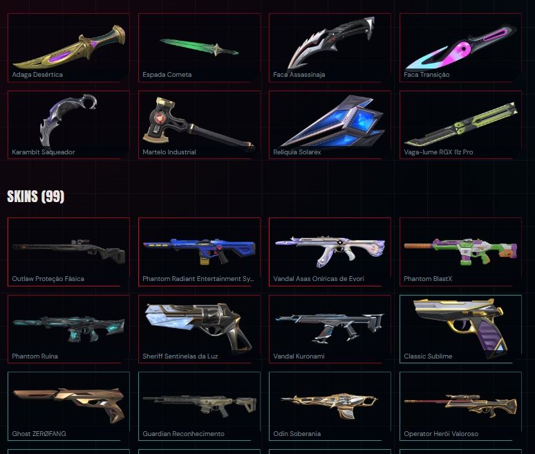 Conta de valorant com 107 skins e 8 facas