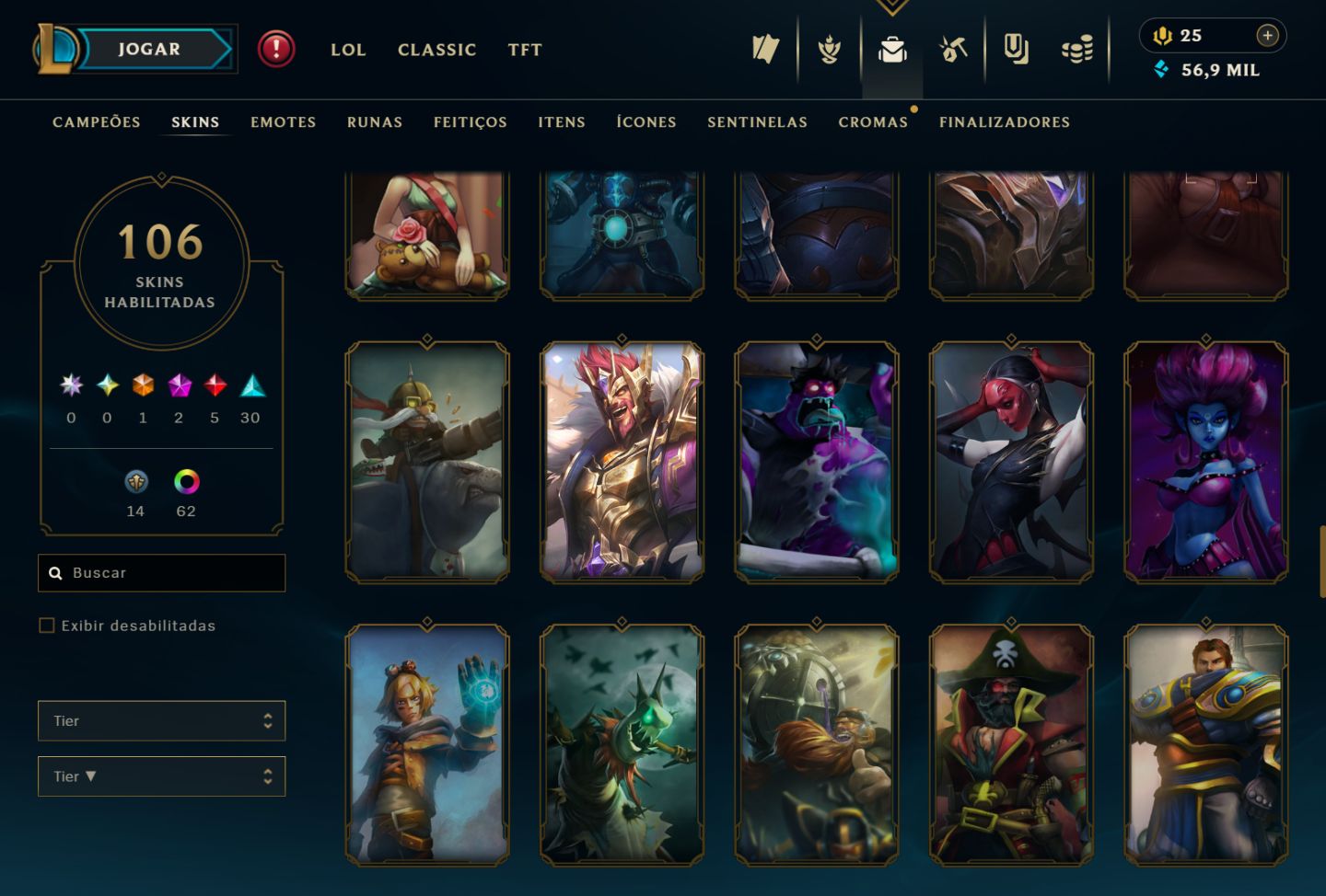 Conta LoL LVL298 Todos campeões 106 Skins 64 Cromas Plat 4