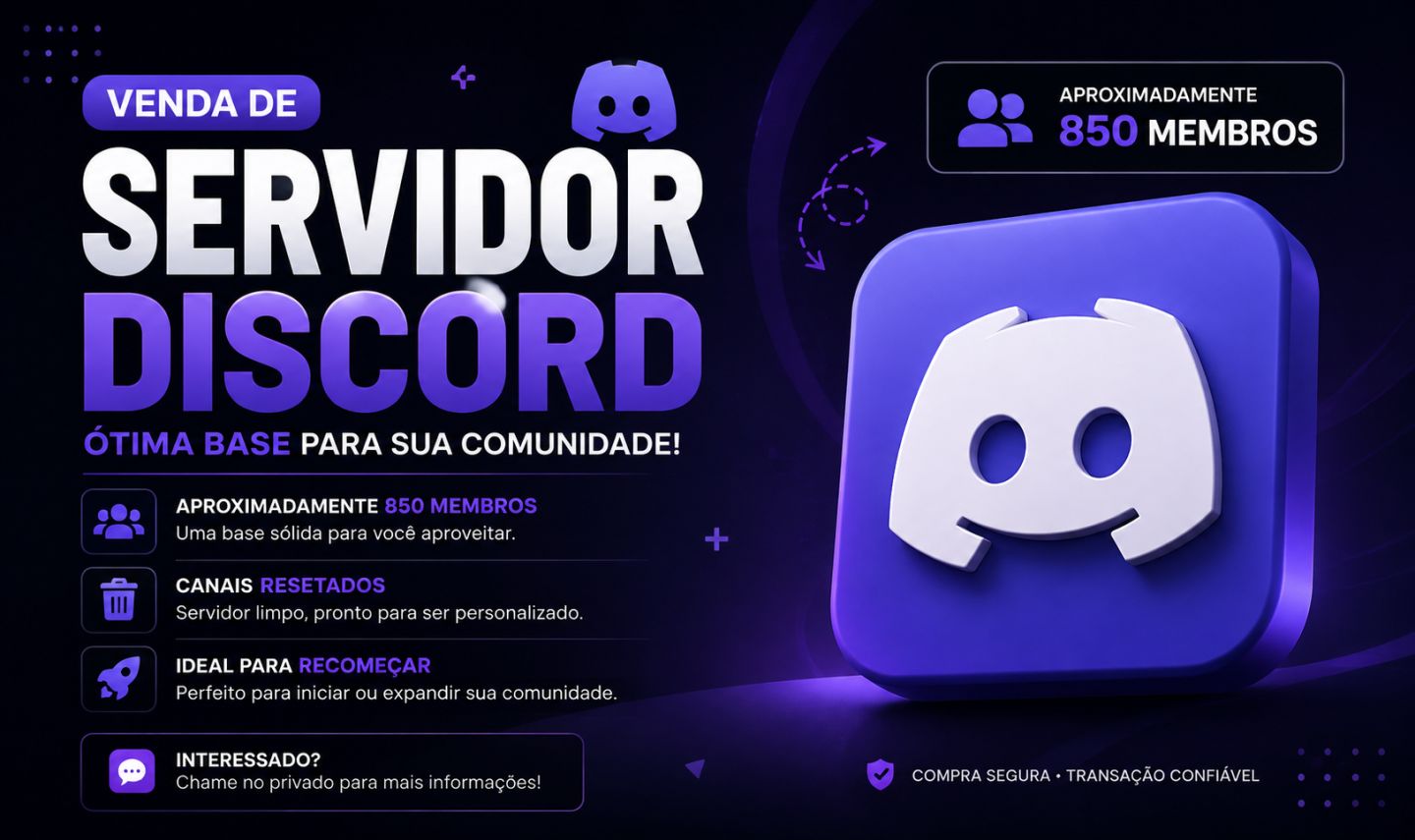 Servidor Discord com +850 Membros | Ótima Base