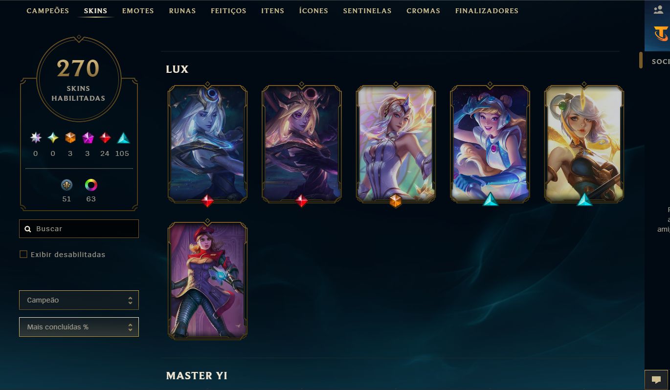 CONTA LOL - 270 SKINS - DONO ÚNICO - UNRANKED - LV 610 - 70 CROMAS - SKINS CARAS