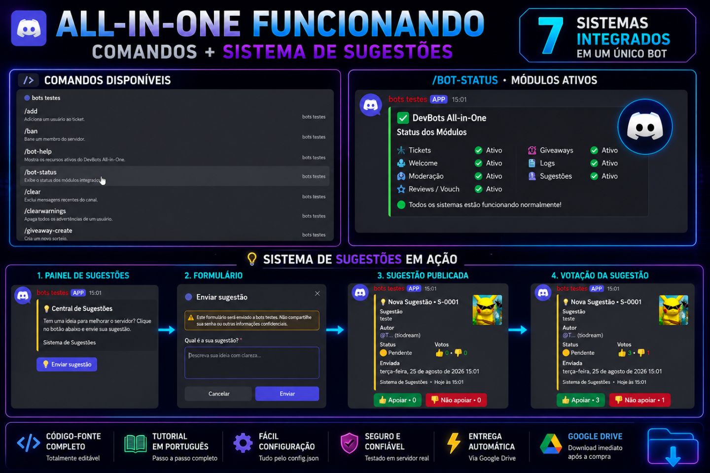 Source Bot Discord | 7 em 1 + Ticket + Moderação | Entrega Automática