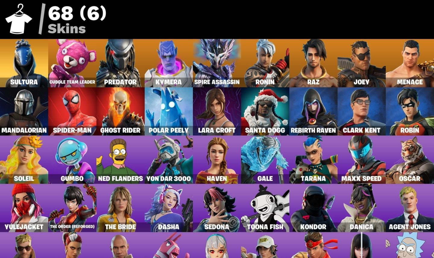 CONTA FORTNITE 68 SKINS/LARA CROFT/SPIDER-MAN/ CUDDLE TEAM LEADER/MOTOQUEIRO FAN