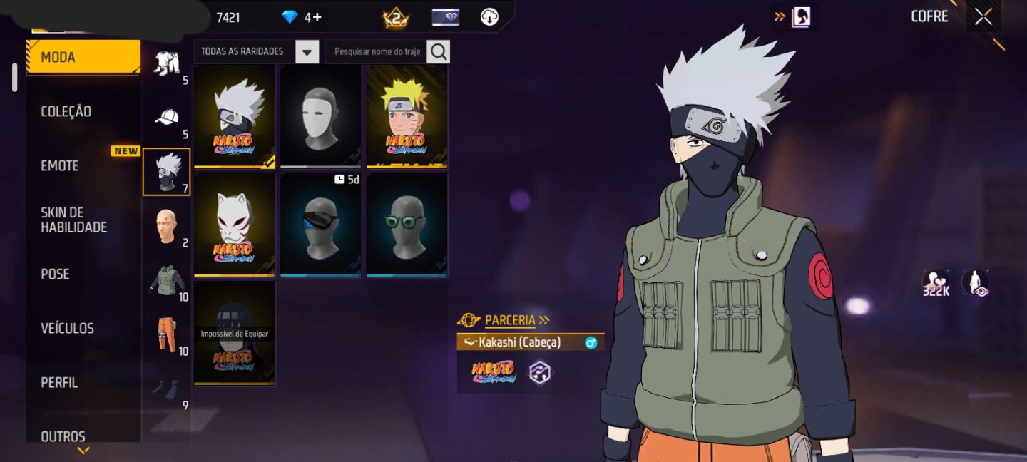 CONTA COM NARUTO + KAKASHI + HINATA + M4A1 DO NARUTO + 7 EMOTES + BIO (SEU EMAIL