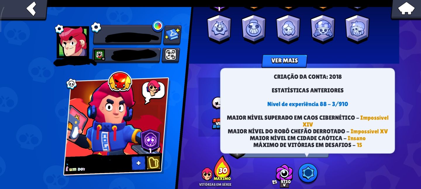 Conta de brawl Star com Colt desafiante entre outras skin raras