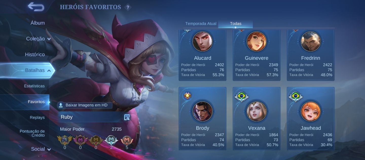 Conta mlbb 6Anos 222skins 111 star único dono wr medianos Full emblemas e herois