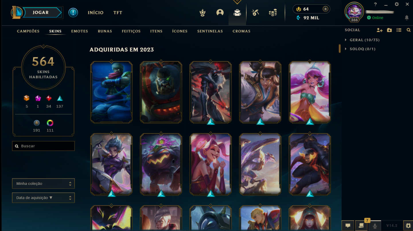Acc League of Legends (564 skins) (bonus WR / TFT / LOR)