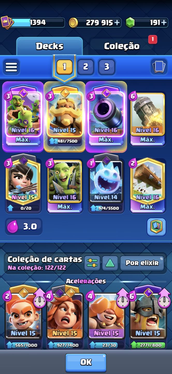 Clash royale, deck de log bait evocannon quase no máximo, 4 heróis e 10 evo
