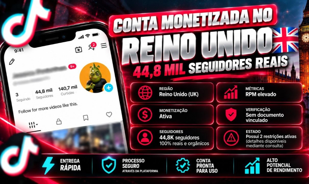 Conta do TikTok Monetizada no Reino Unido com 44,8K Seguidores Reais