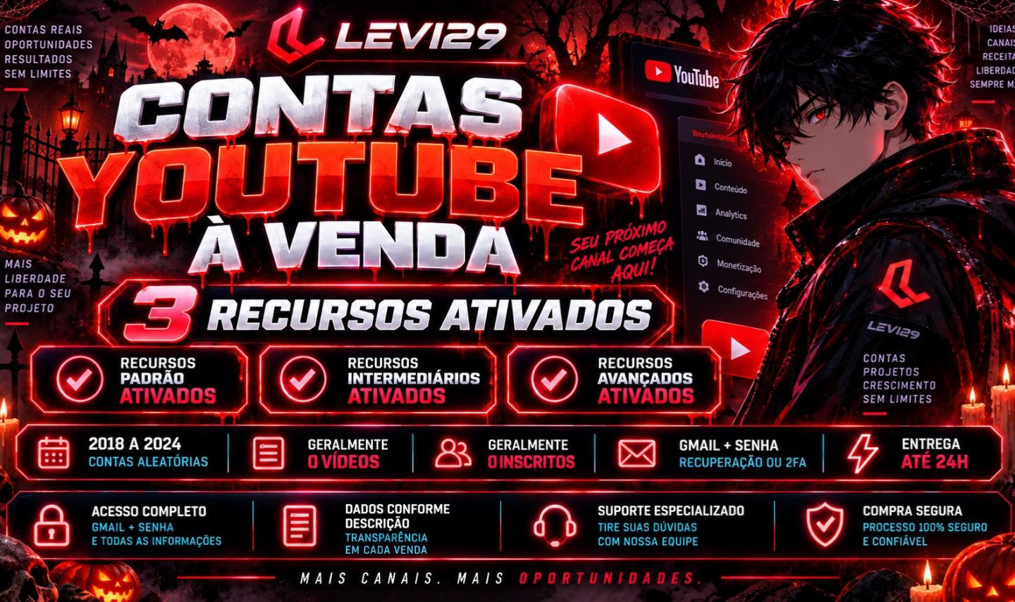 CANAL YOUTUBE COM 3 RECURSOS AVANÇADOS ATIVOS | ENTREGA RÁPIDA | 2FA