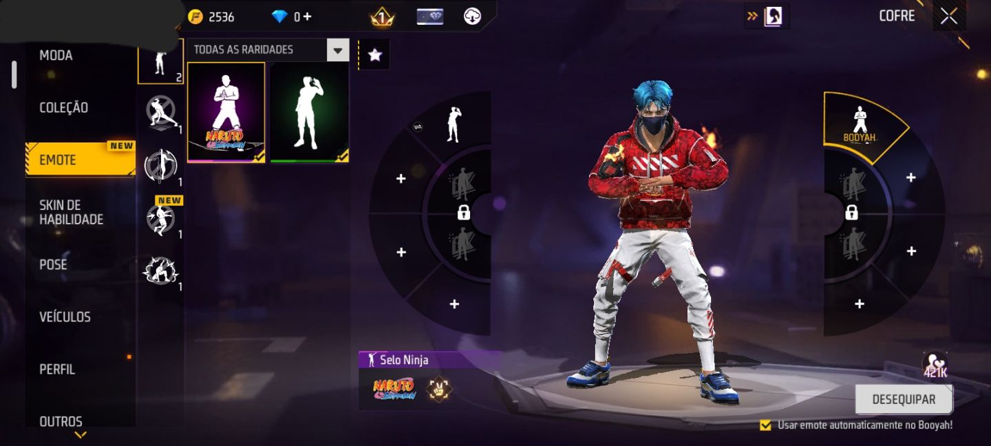 CONTA COM FURIA SOBRE RODAS + AGUIA RUBLIA + ASA DELTA NOVE CALDA + EMOTE NARUTO