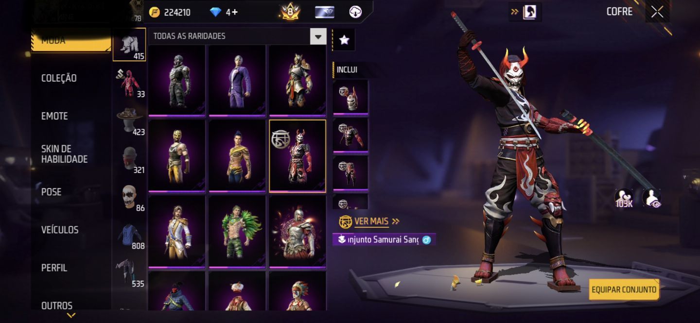 CONTA FREE FIRE QUASE LEVEL 80 com vários passe e coisas raras.