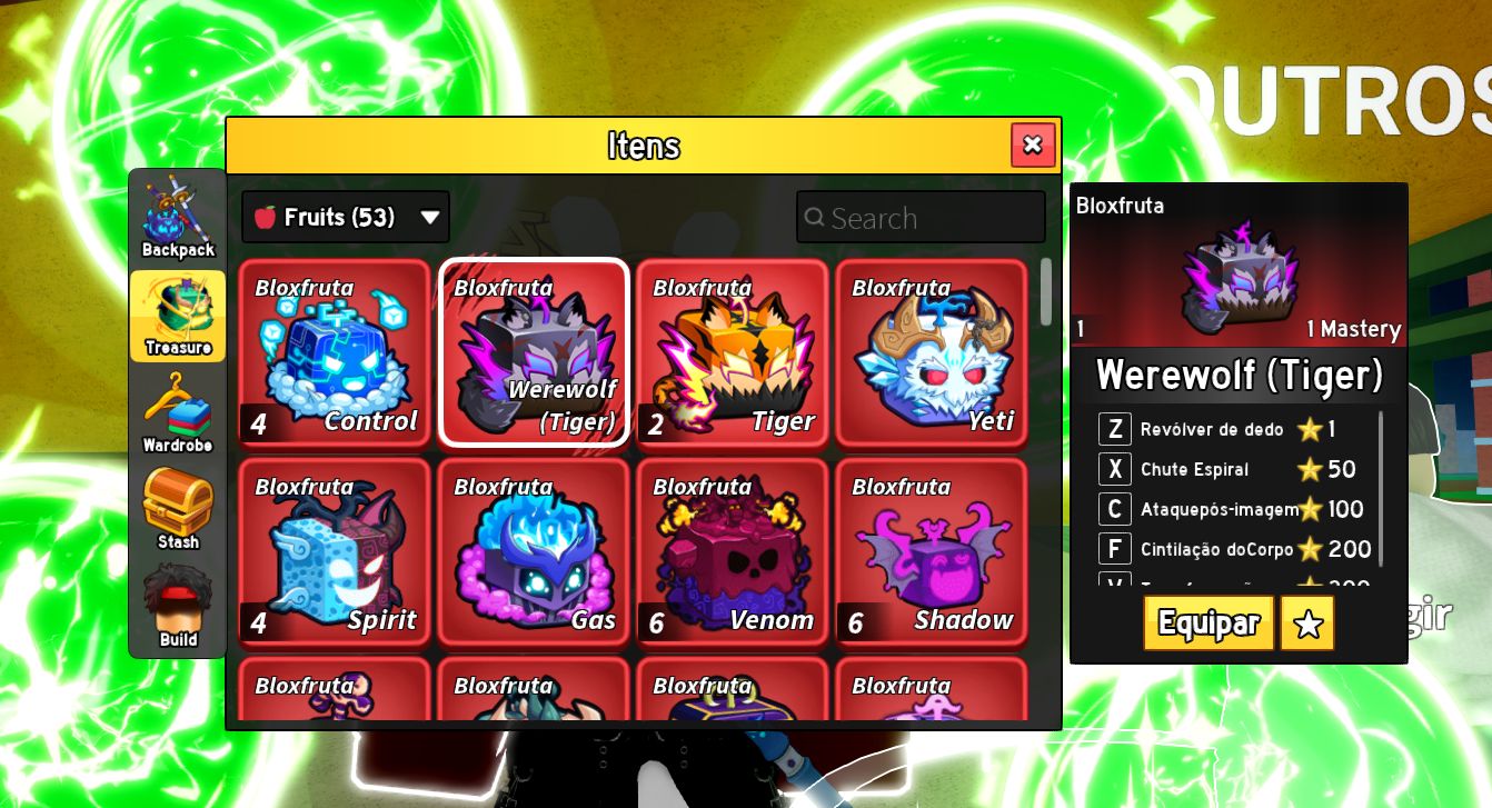 Frutas Blox fruits ( Rumble Roxa),( Werewolf Tiger ),( Celestial Pain ) e outras