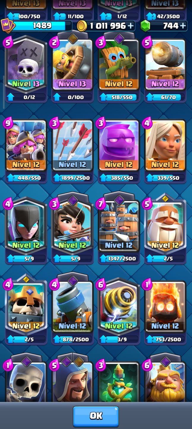 CONTA CLASH ROYALE 10K TROFÉUS 123/123 CARTAS COMPLETO +1M DE OURO