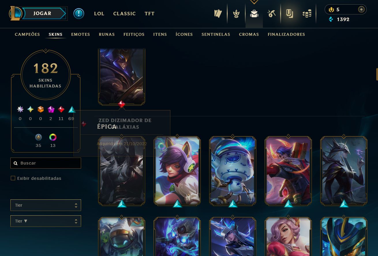 CONTA UNRANKED - 182 SKIN - FULL CHAMP + PREÇO BAIXISSIMO! - 100% SEGURA!