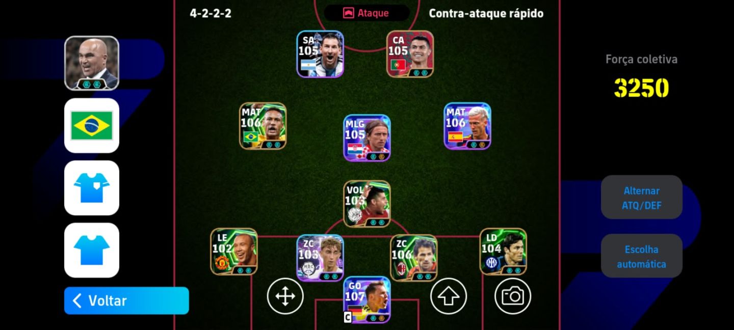 CONTA EFOOTBALL 3250 DE FORÇA COM NEYMAR 106,NEUER 107, OLMO 105,BARESI 106,CR7
