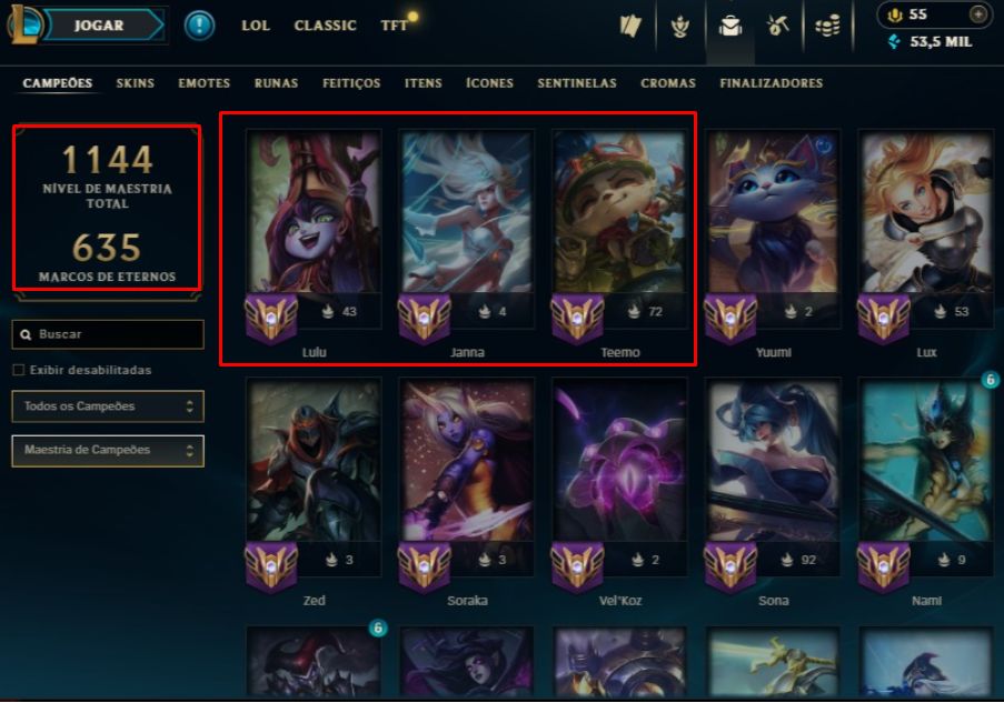 [Conta Mono Sup] Main Sup Maestria Lulu/janna/teemo 500 Skins[VEM COM DADOS]