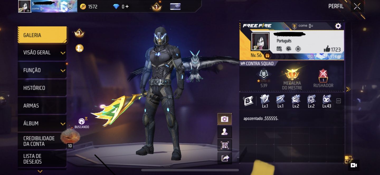 Conta de free fire lvl 56, com muita coisa.