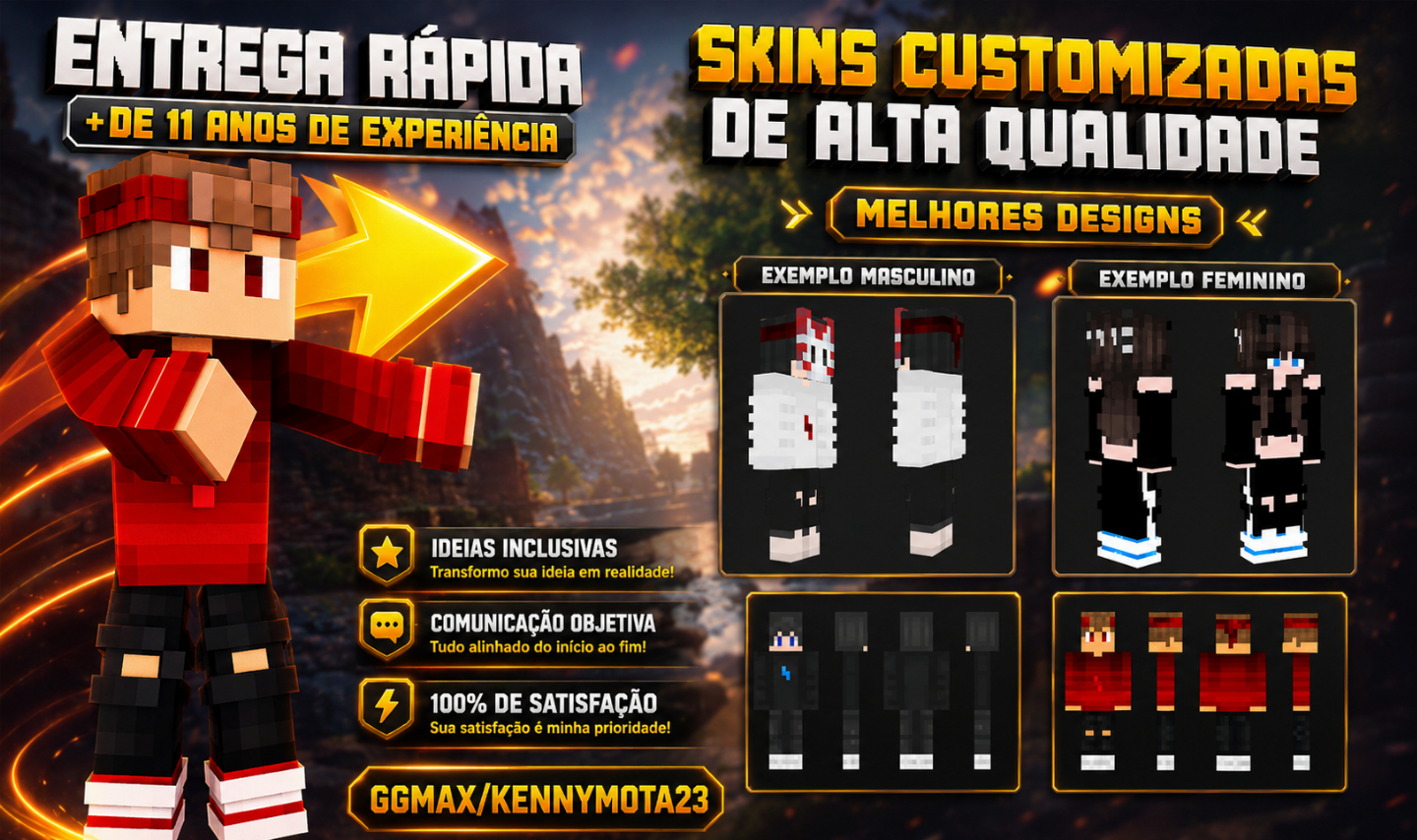 SUA SKIN MINECRAFT ÚNICA: CUSTOMIZADA/ENTREGA-RÁPIDA DO SEU JEITO 15 anos de EXP