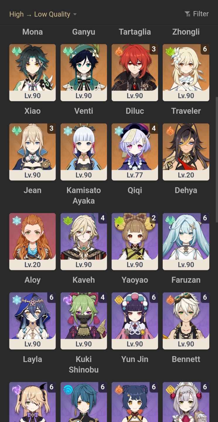 Allerchino, Neuvillet, Yelan, ZhongliC2, RaidenC1, Nahida, Hu tao