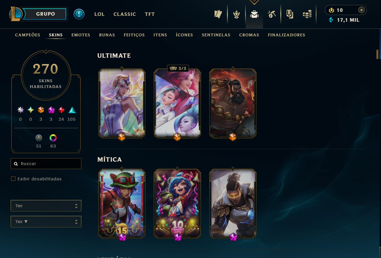 CONTA LOL - 270 SKINS - UNRANKED - 70 CROMAS - FULL ACESSO - SÓ SKINS LINDAS