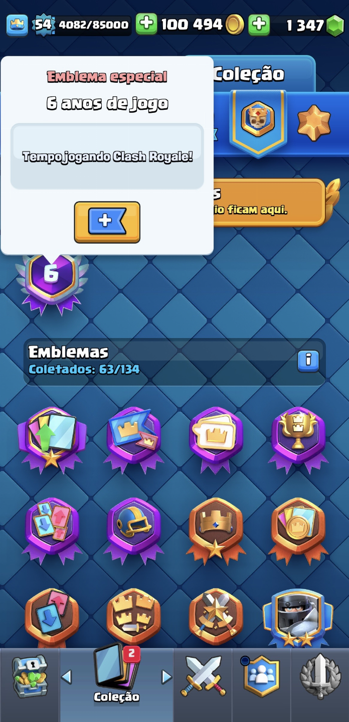 Conta com emblema de 6 anos de jogo, 10k de trofeus e todas cartas liberadas
