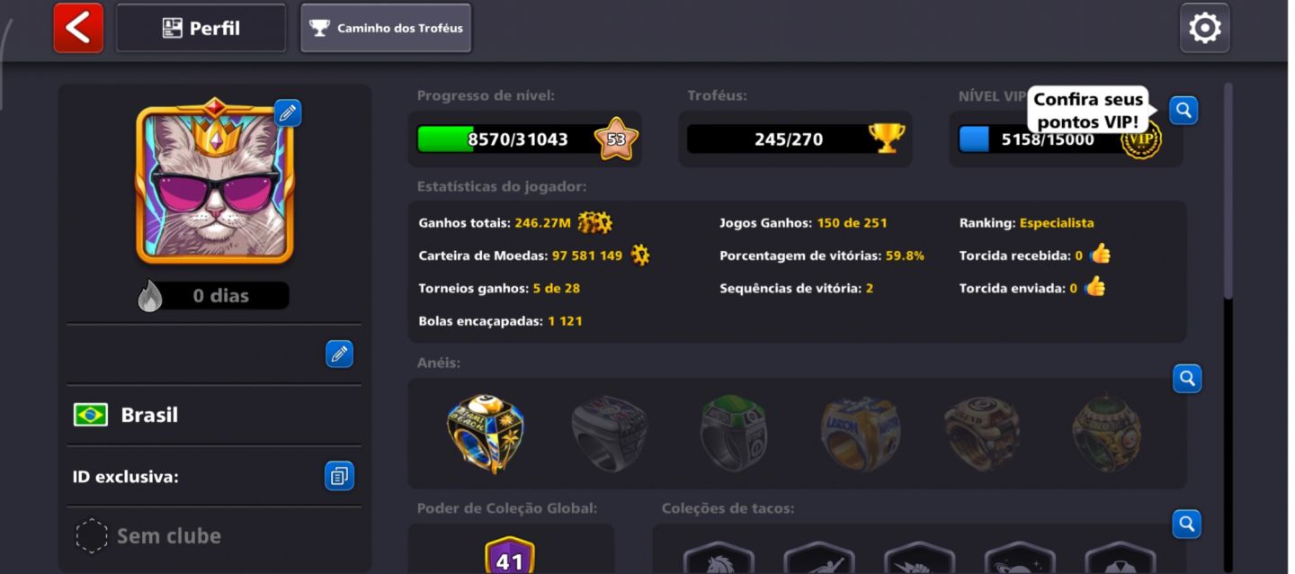 Conta 8 Ball Pool | 97M+ Fichas + Vários Tacos Lendários
