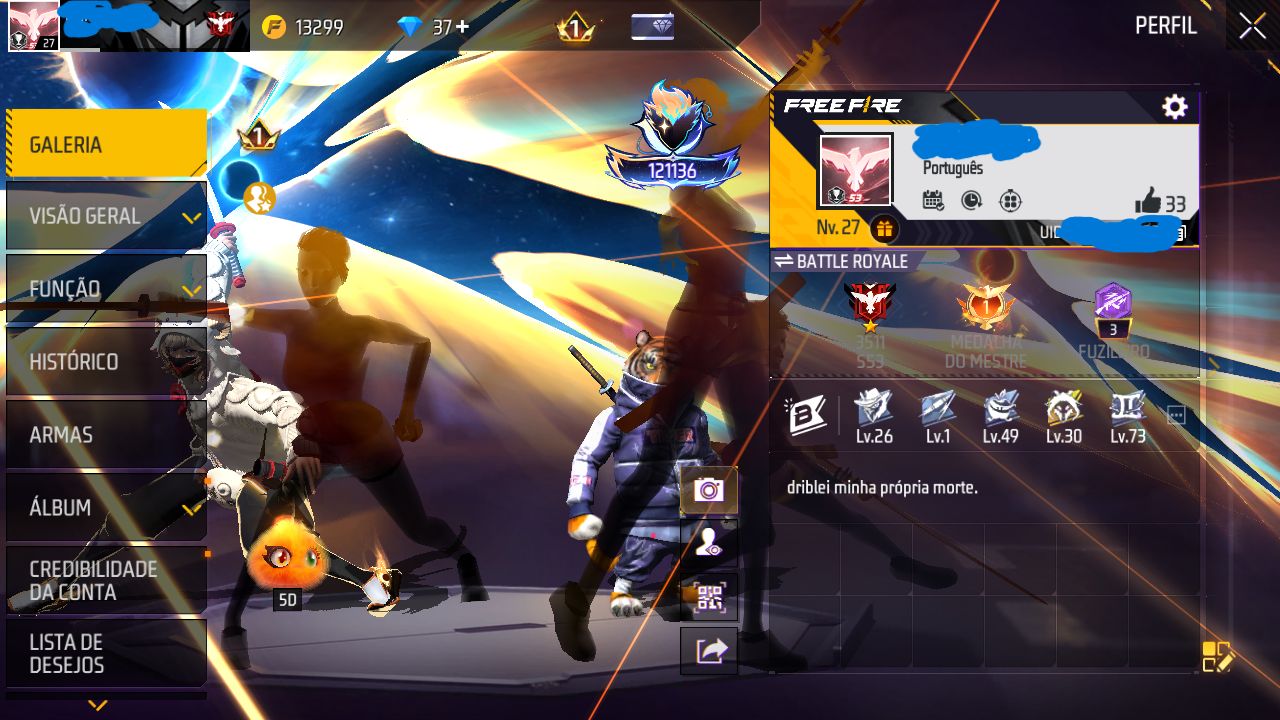 CONTA FREE FIRE MESTRE MODO RANK COM SKIN INOCENCIA E ECLIPSE E ENTRADA