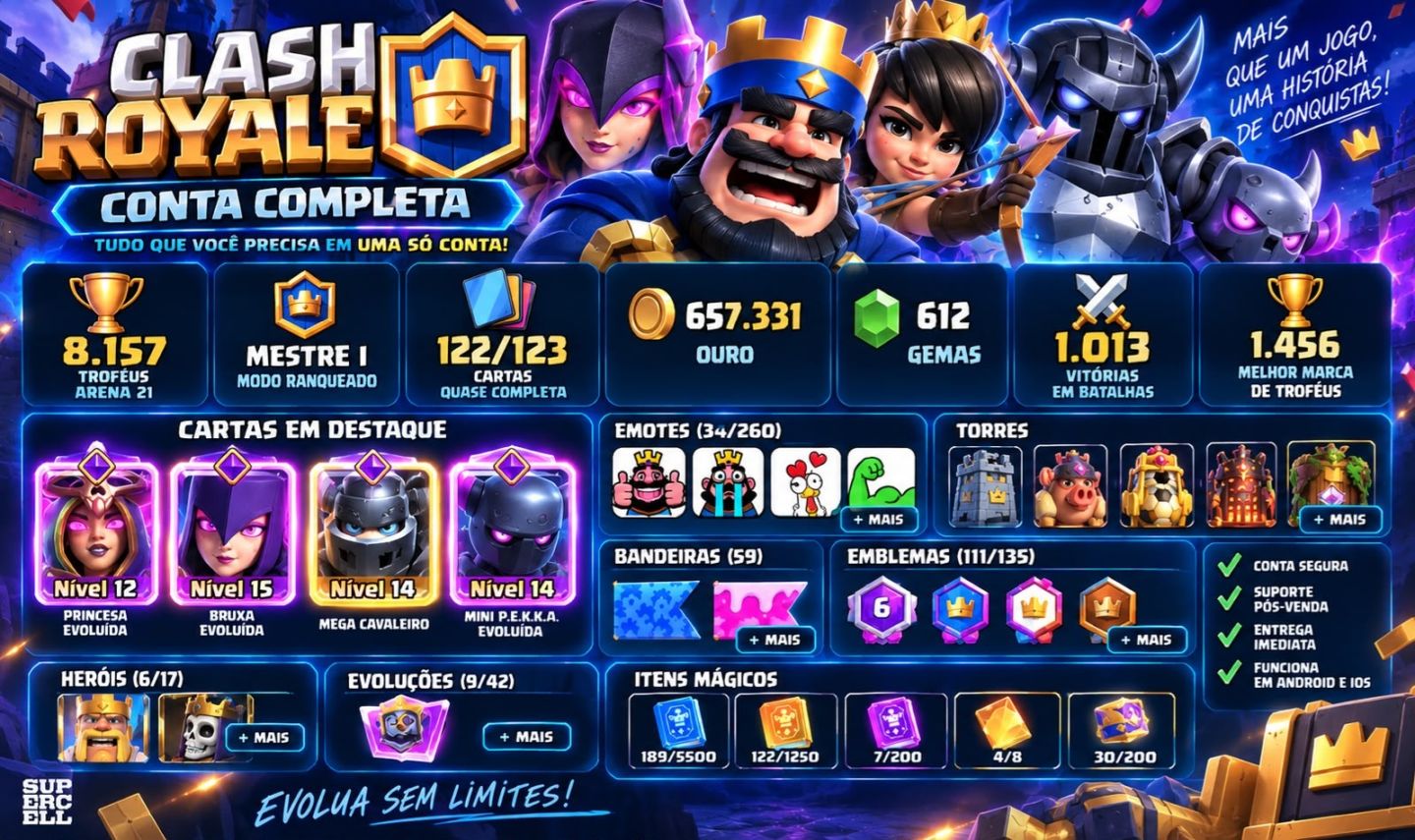 CLASH ROYALE | 8.157 TROFÉUS | 122/123 CARTAS | MESTRE I | 612 GEMAS