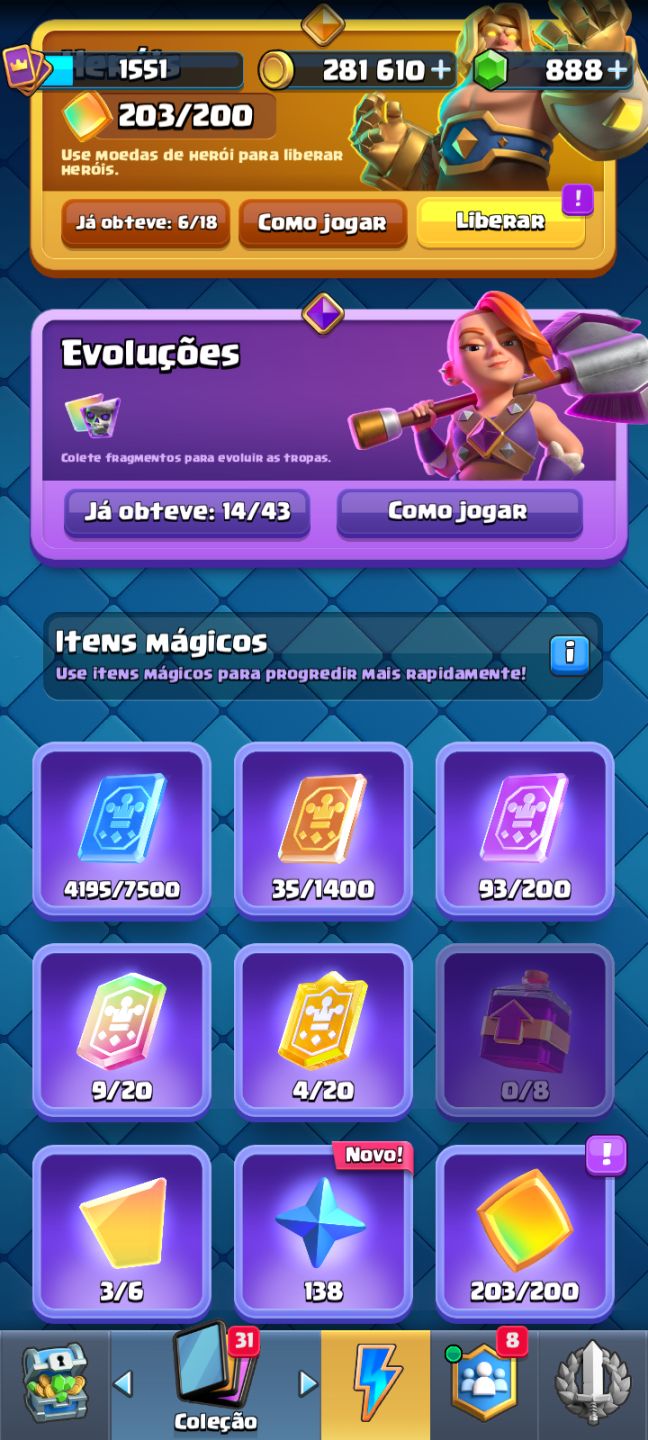 CONTA CLASH ROYALE UPADA COM 6 HERÓI(+260 frag), 14 EVOLUÇÃO(+ frag) MAX TROFÉU.