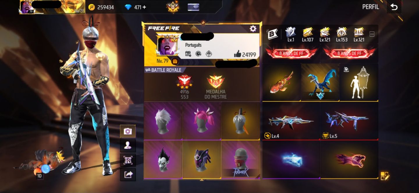 Conta free fire gemada com ragnarok, barbinha, punho, 800+ peitorais, prime 8