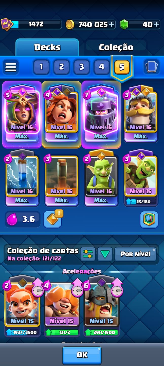 ACC CR NVl 15 DECK FUL 4 HERÓIS 13 EVOLUÇÕES 8 ANOS CARTAS NVL 16 TROFÉUS 11661