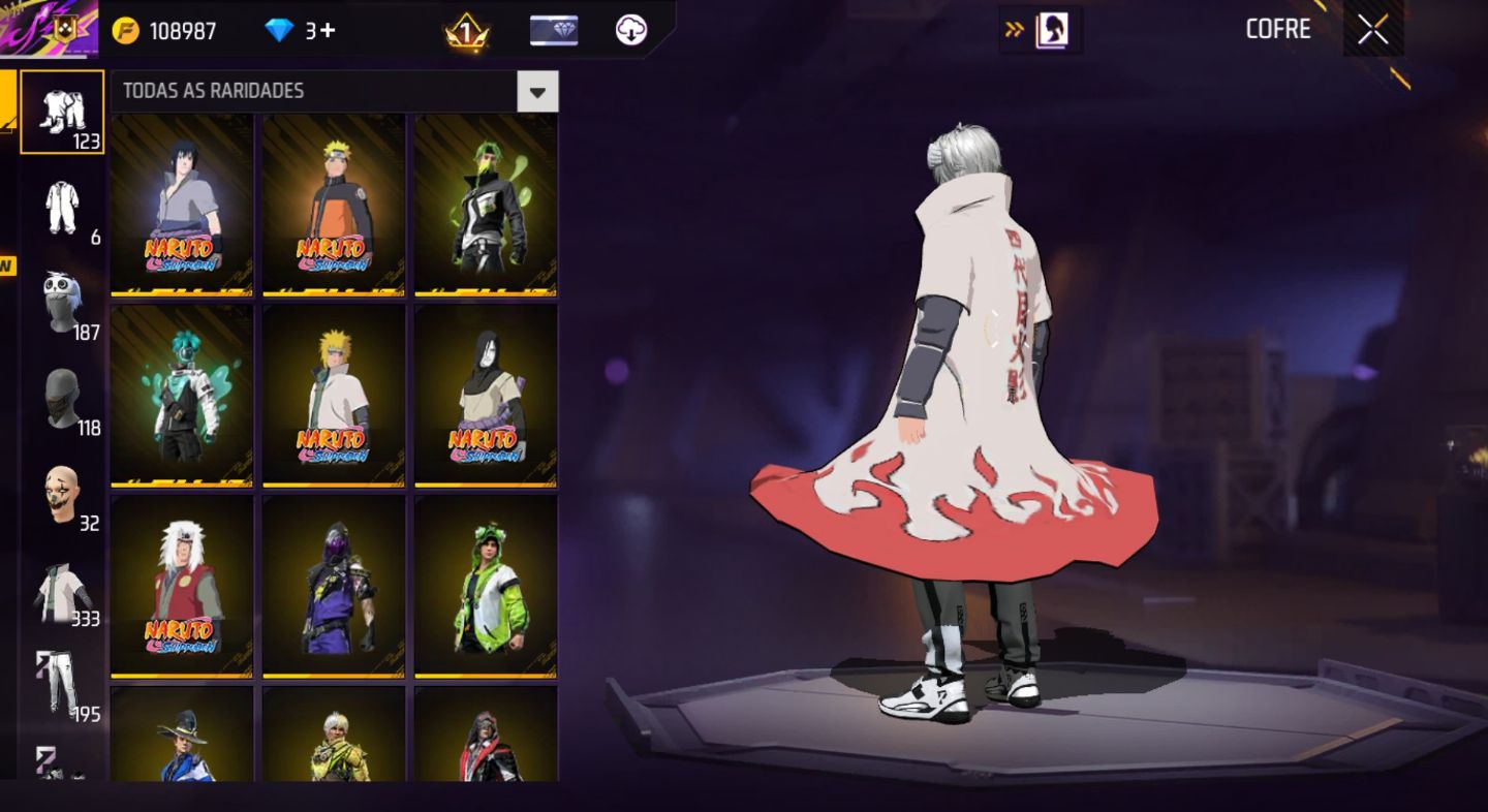 Conta de free fire com skins de Naruto da 1 temporada e bem antiga