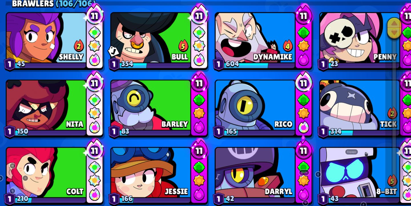 CONTA BRAWL STARS 104K TROFEUS - 106 BRAWLERS - 66 BRAWLERS NIVEL 11 COM HIPER