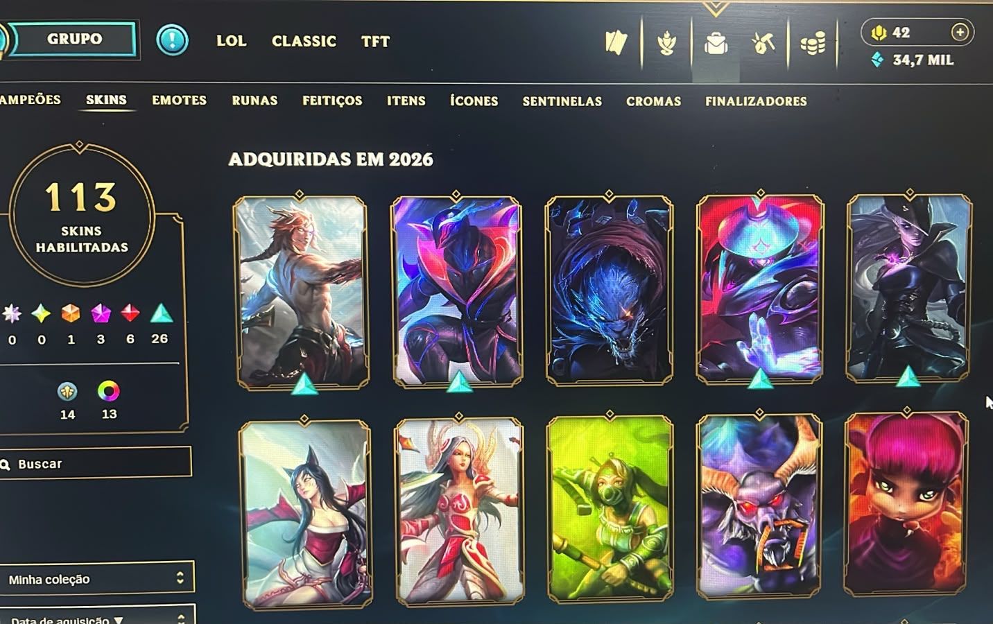 Conta no LoL, Esmeralda I, Todos os campeões, 113 skins, nivel 274.