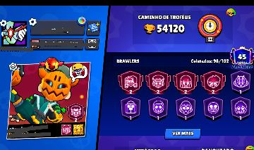 CONTA BRAWL STARS SUPER RARA-54K TROFEU, 45 PRESTÍGIOS, +200 SKINS, ICONE 2 TEMP