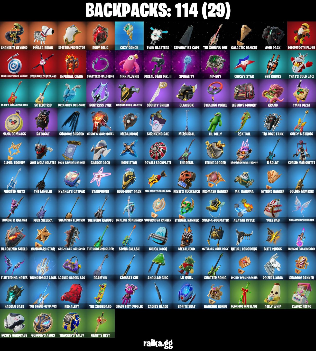59 Skins - Solid Snake, Peter Griffin, Ghost Rider, Santa Dogg, 50 vbucks