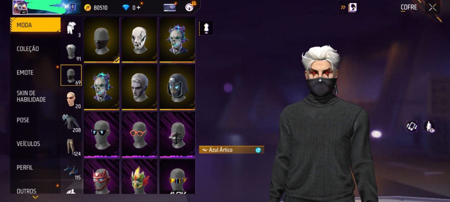 Conta free fire nível 72 gola alta preta, scar punho de ouro, via google!!