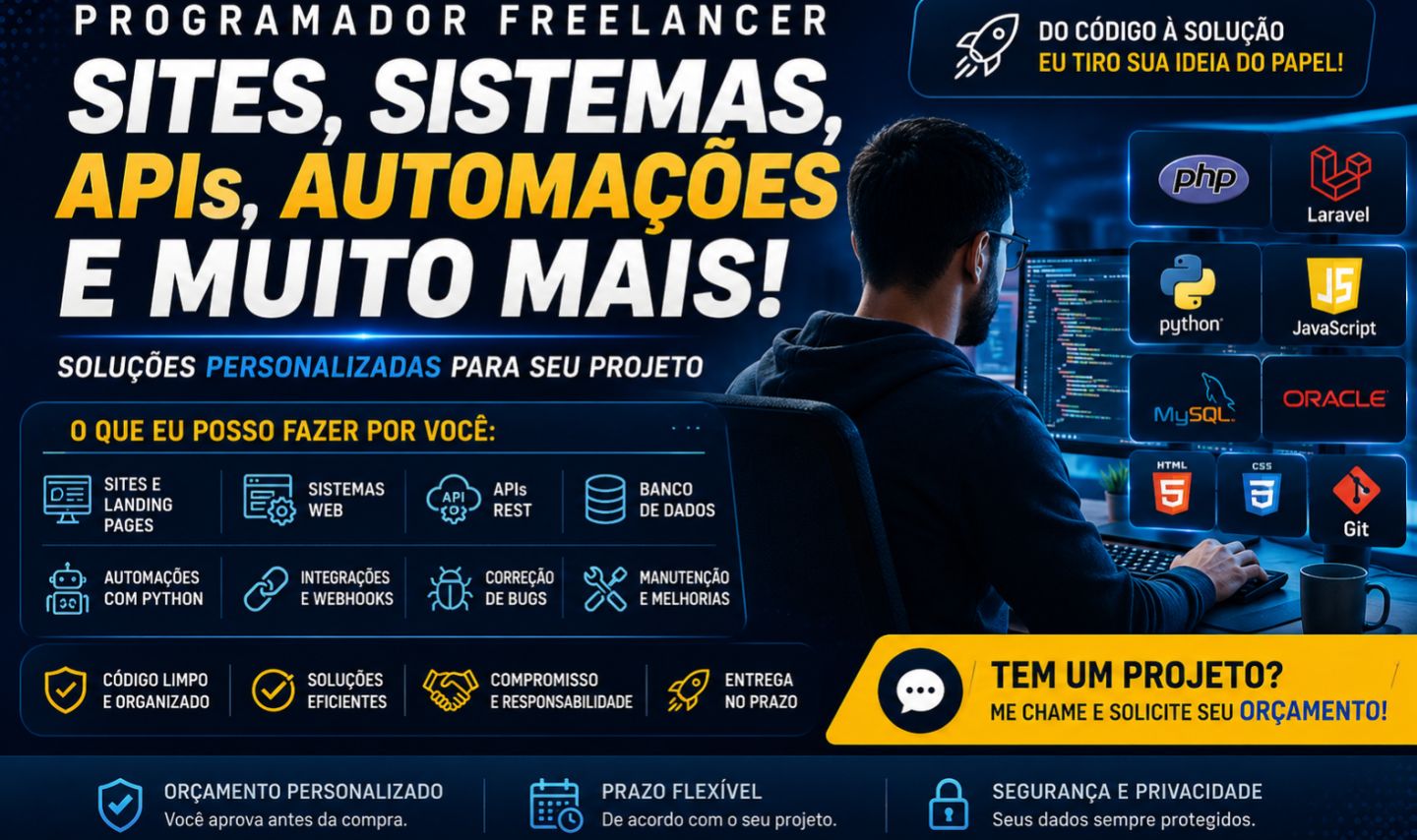 PROGRAMADOR FREELANCER | SITES, SISTEMAS, APIs, AUTOMAÇÕES E MAIS