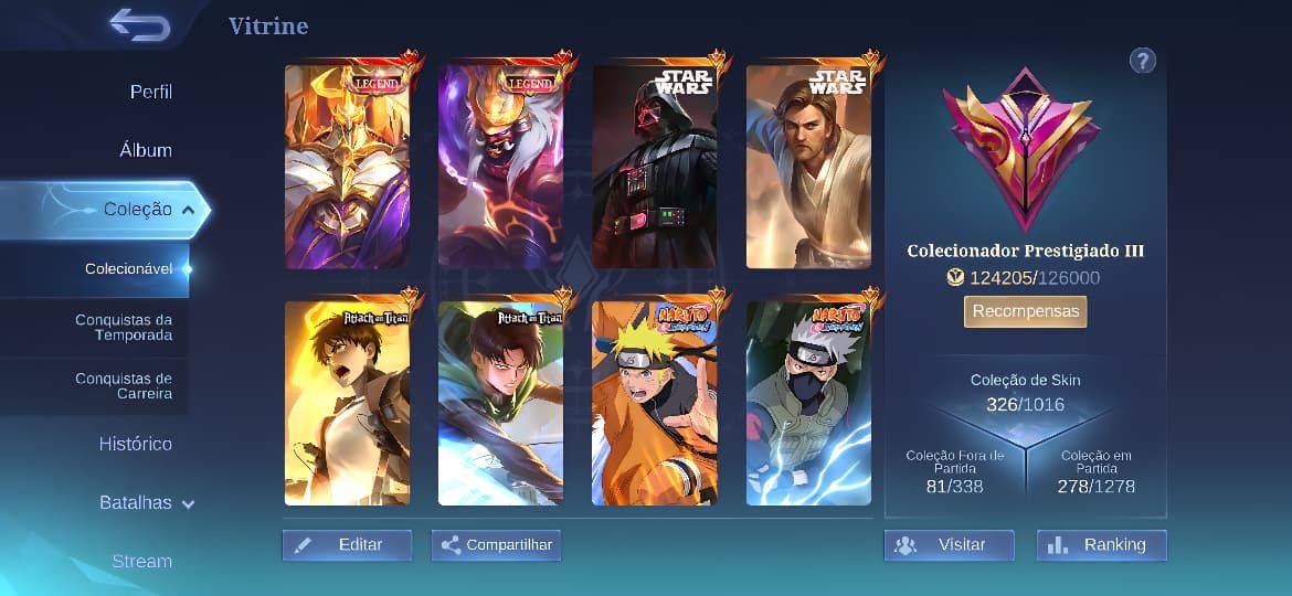 Conta Mobile Legends - 326 Skins Legends e Raras - Informações de Login Alterave