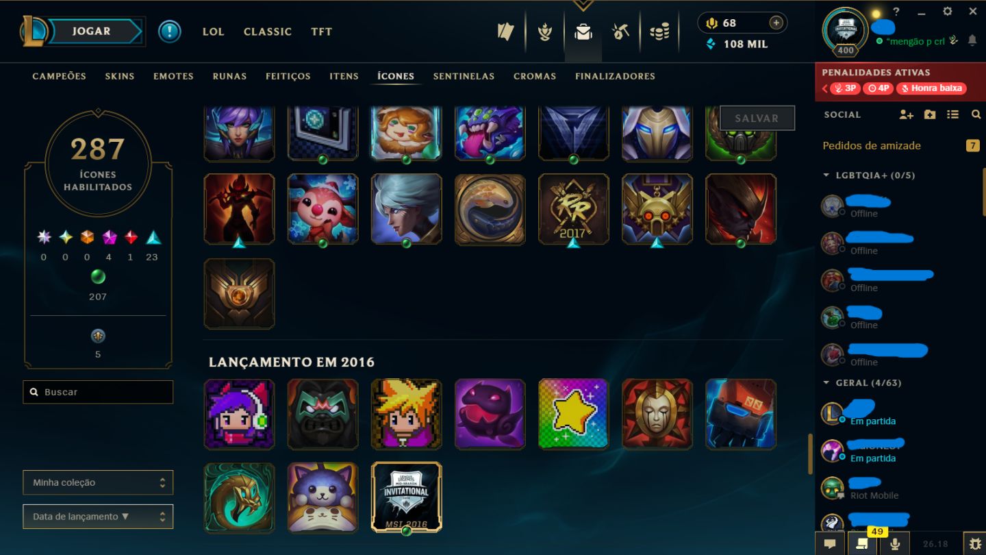 Conta LoL Ouro IV | Full champs | 178 Skins | Nível 400 | Full acesso