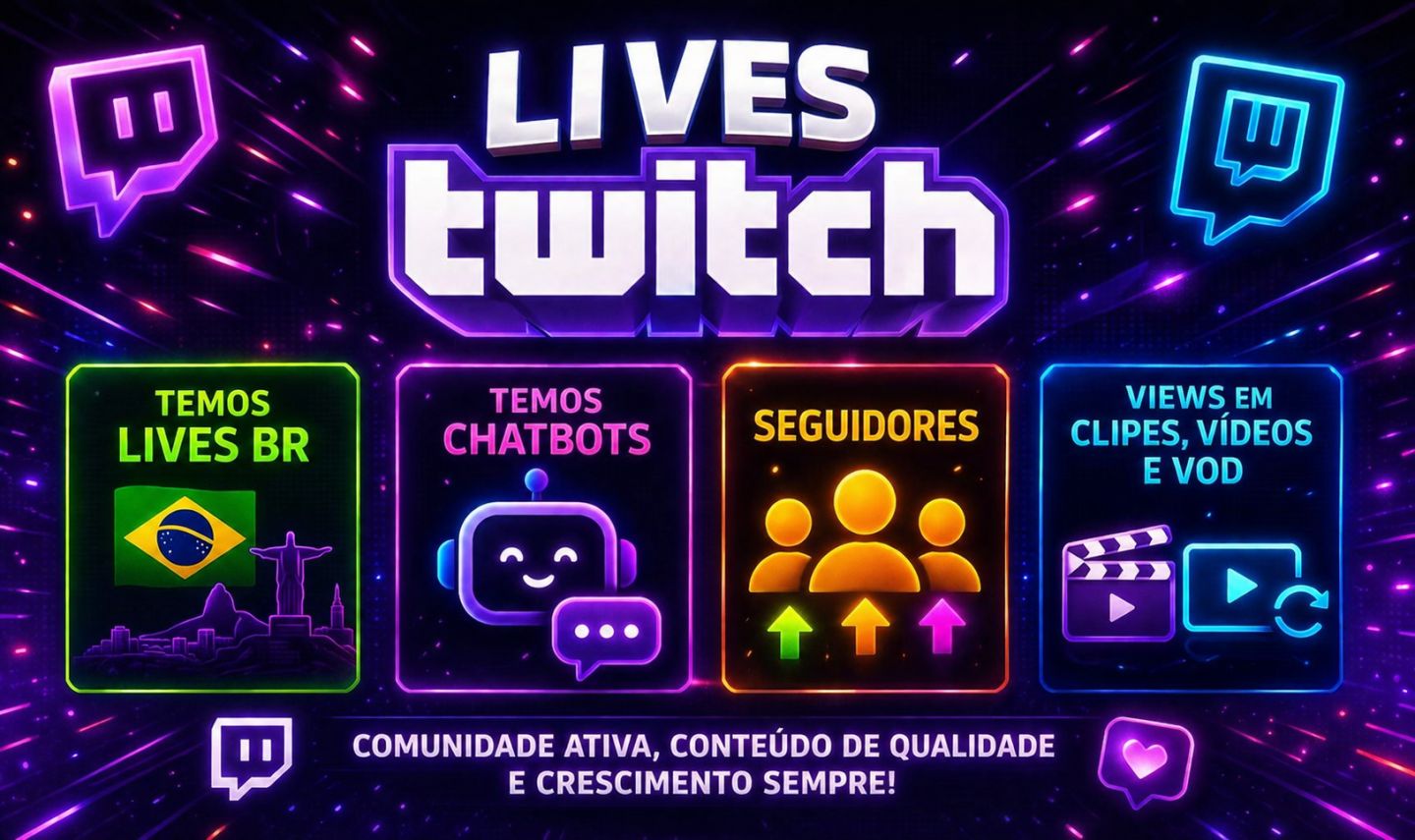 Serviços Para Twitch de Qualidade Elevada, Lives, Chat ao Vivo/Seguidores,-Views