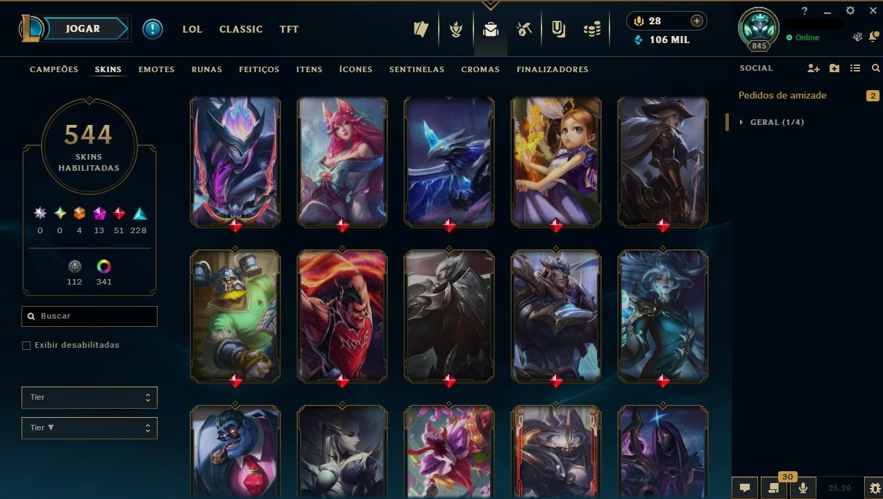 CONTA LOL 544 SKINS + VALORANT | LV 844 | BR