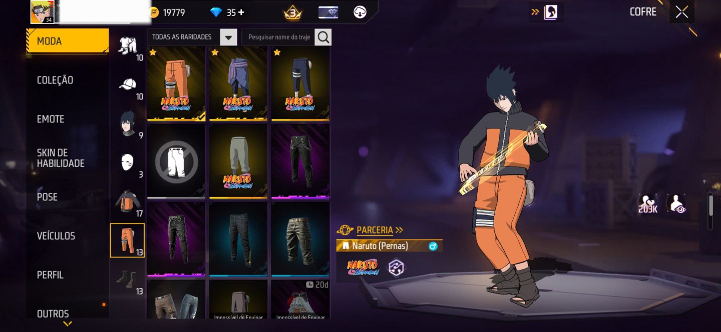 CONTA FF COM SKINS DA PARCERIA NARUTO + 2 EVO