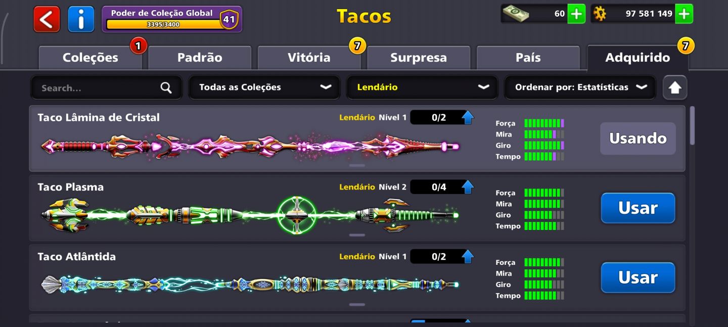 Conta 8 Ball Pool | 97M+ Fichas + Vários Tacos Lendários