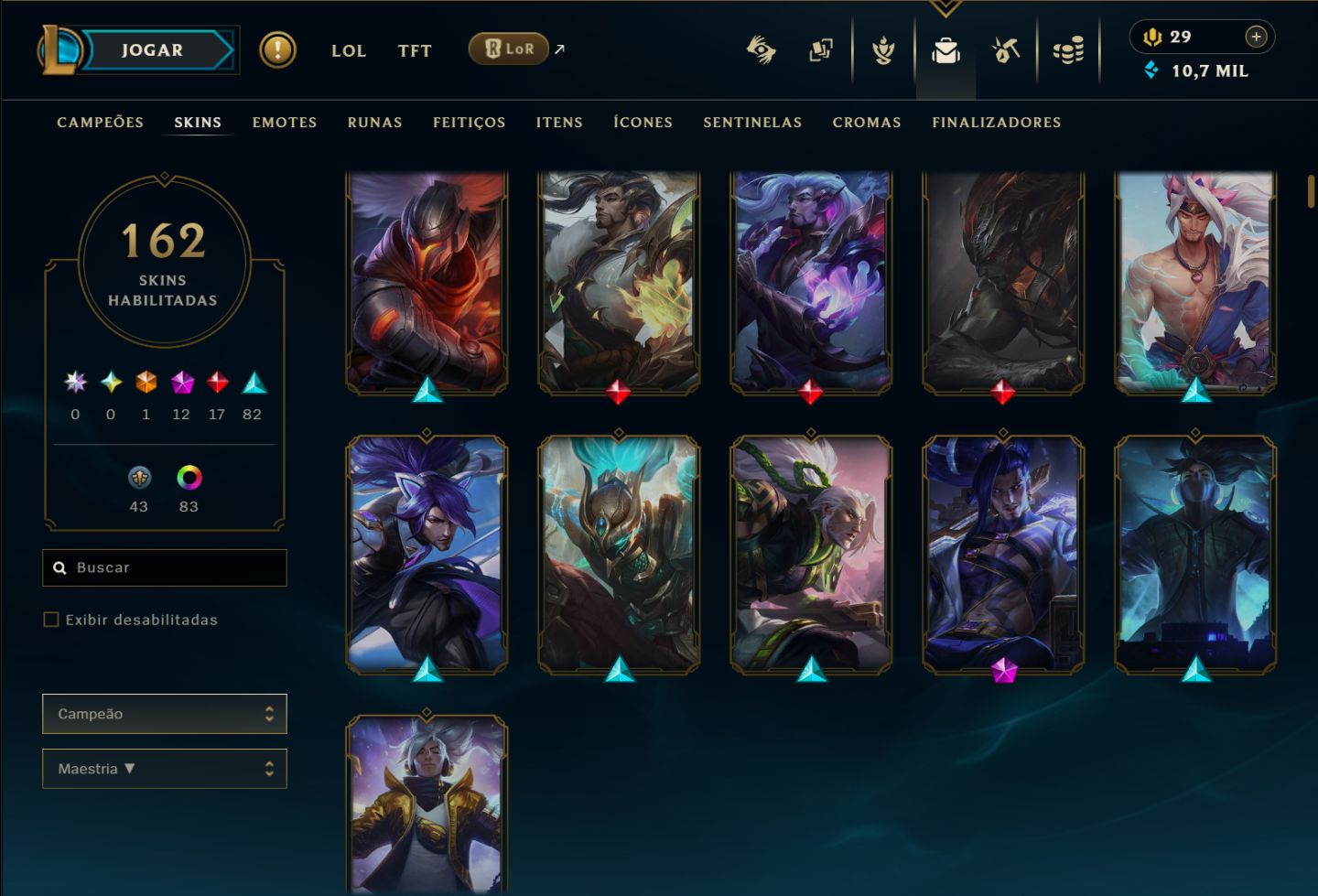 CONTA MONO YASUO - EX DIAMANTE - 1 ULTIMATE - 12 MÍTICAS - 162 SKINS NO TOTAL