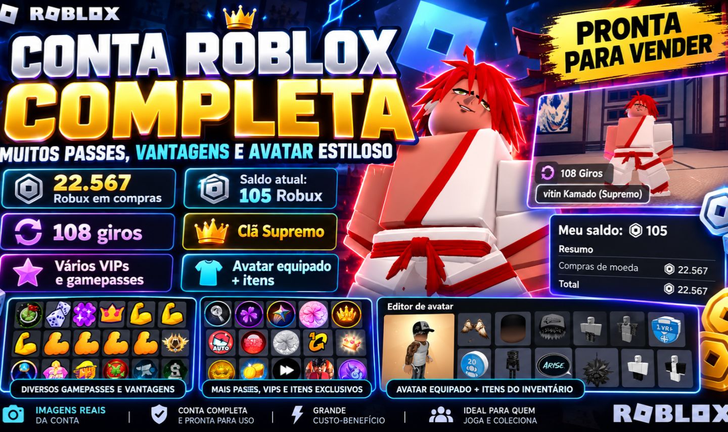 CONTA ROBLOX COM +20MIL ROBUX GASTOS EM PASSES E SKINS + ITENS RAROS EM JOGOS